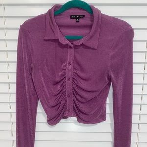 Blue Blush purple scrunched front top from Blue Blush. Shiny material.